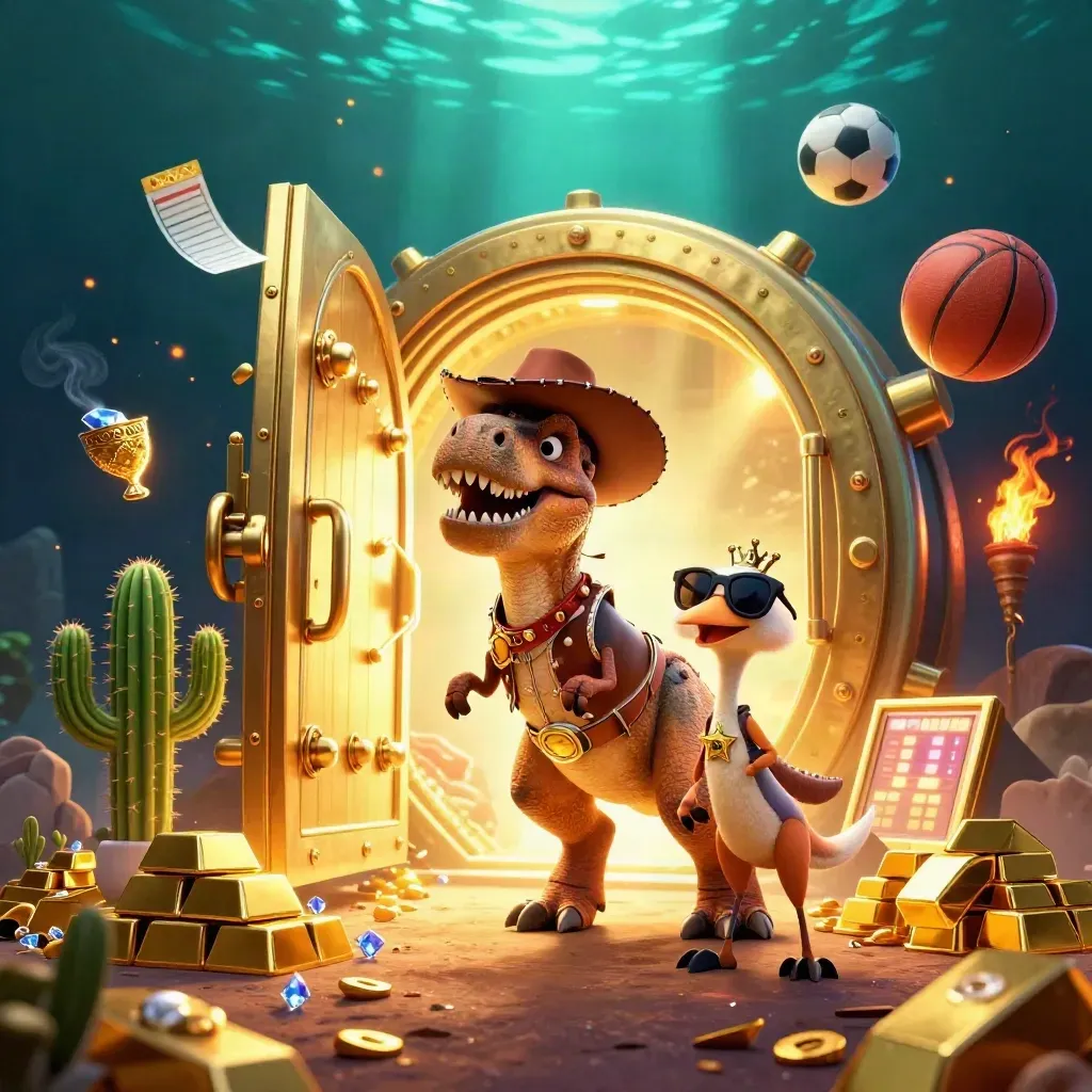 Ground-level cartoon cowboy T-Rex, cactus, and roadrunner amid gold, gems, and blazing vault light.