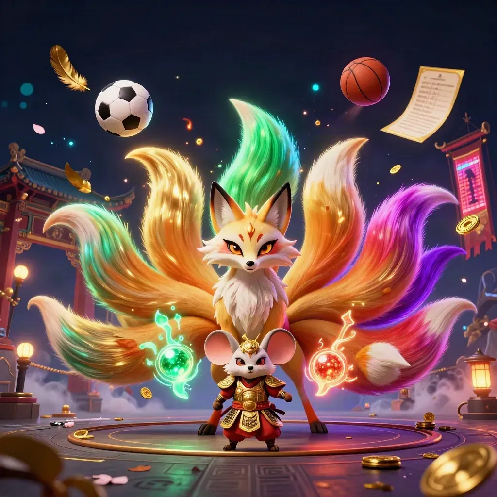 Nine-tailed fox and armored mouse amid casino-fantasy sports gear, coins, petals, and neon light.