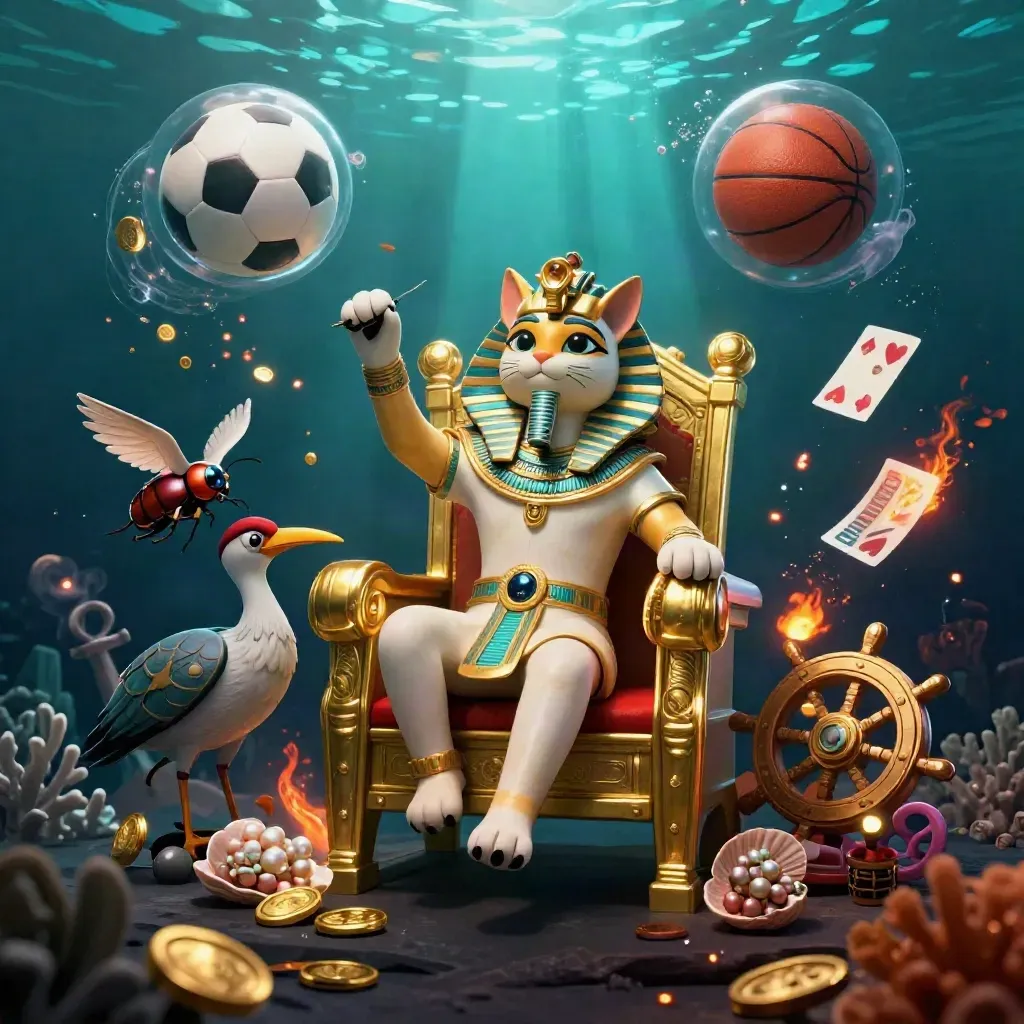 Pharaoh cat, ibis scribe, and gem-wing scarabs in a gold underwater treasure burst
