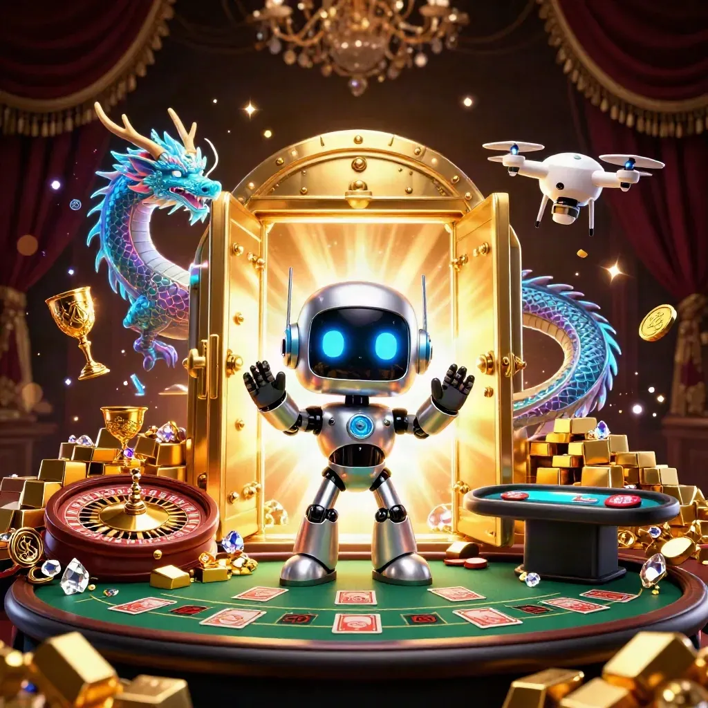 Cyberpunk robot, holographic dragon, and coin drone amid vault gold, gems, and casino glamour.