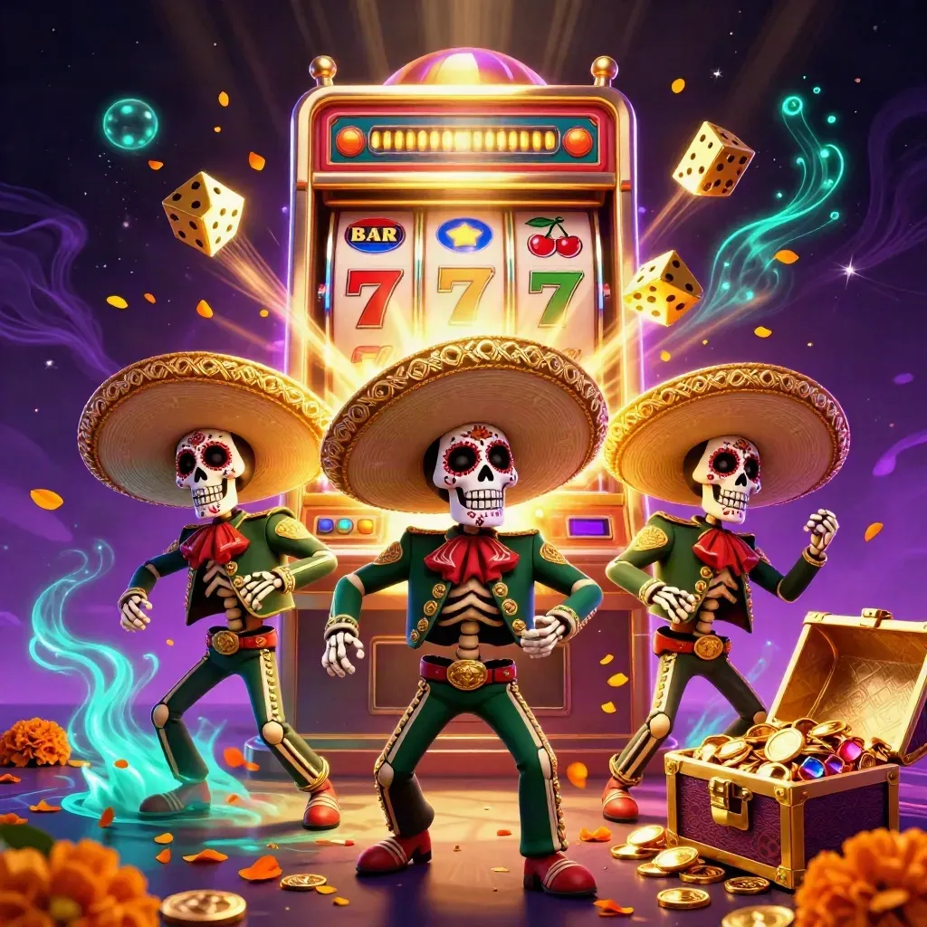 Three mariachi skeletons amid bursting slot icons, gold coins, and neon casino glow.