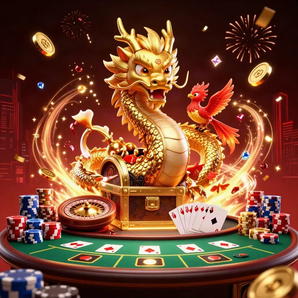 Golden dragon with phoenix, koi, coins, cards, roulette wheel and casino glow bursting in a dark luxe scene.