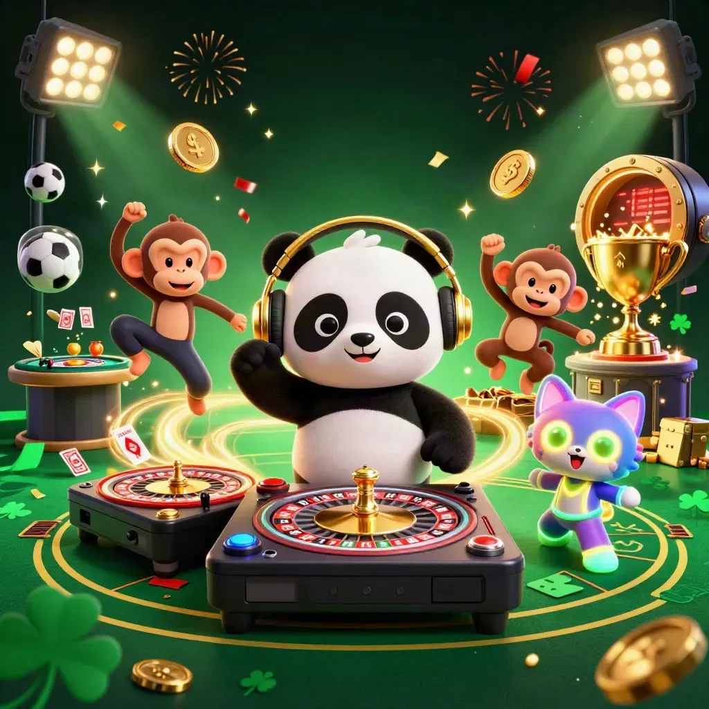 DJ panda, monkey, and glow-stick kitten amid casino gold, fireworks, and flying coins.