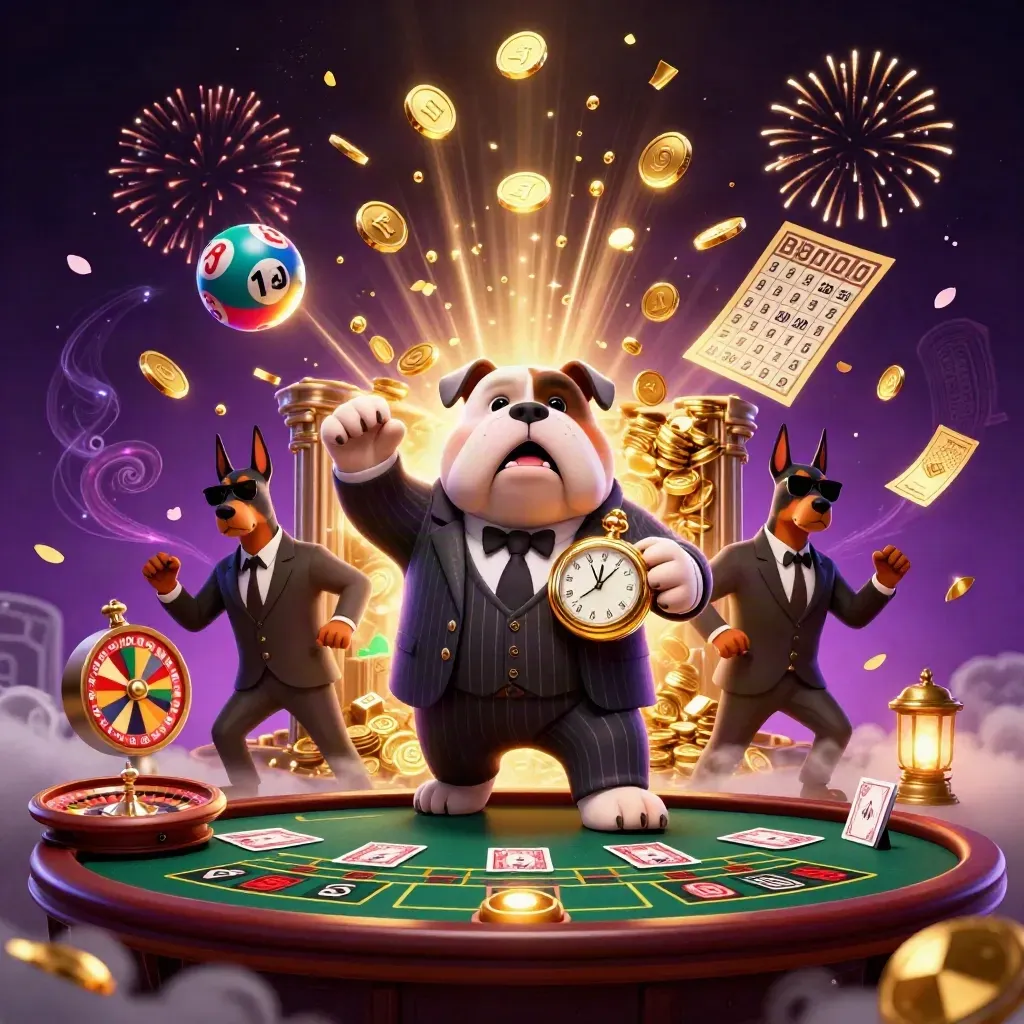 Bulldog casino boss with Doberman guards amid coins, wheels, cards, fireworks and glowing runes