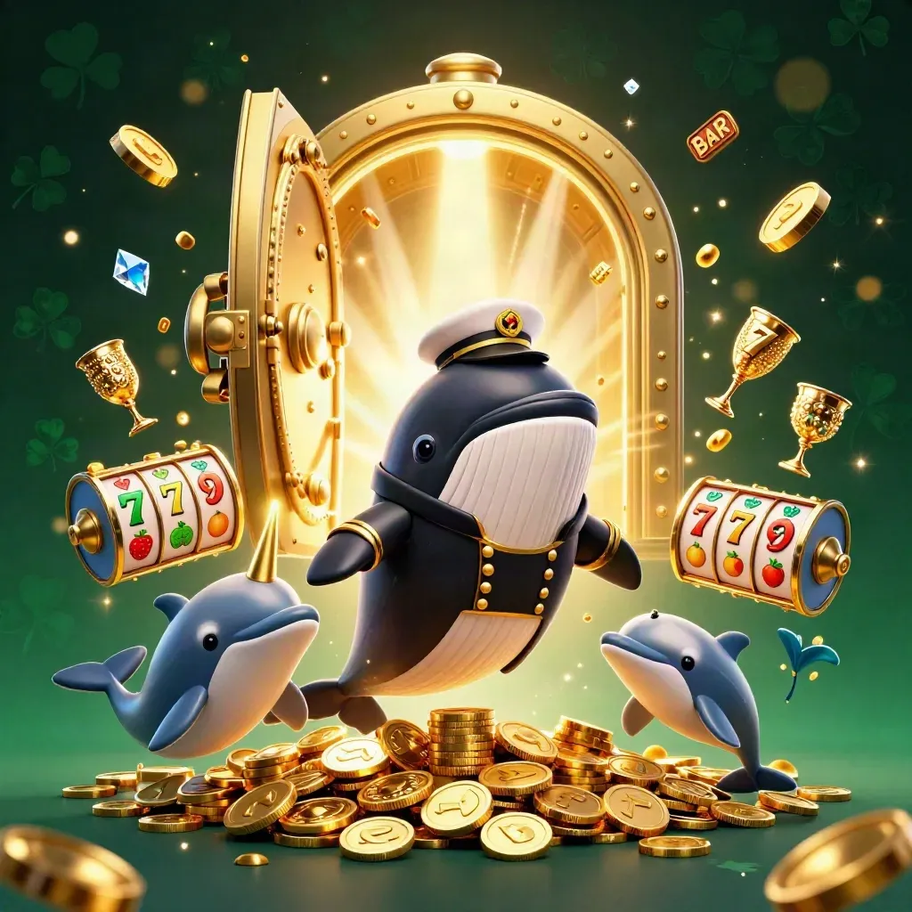 Whale captain, narwhal, and dolphins amid coins, vault light, and casino symbols